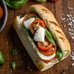 panini roll split open, filled with fresh mozzarella, tomato, and basil