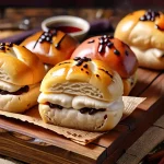 Asian buns on a rustic wooden board